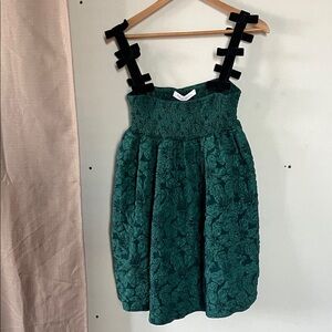 Emerald Floral Jacquard Smocked Dress with Black Velvet Bow Straps